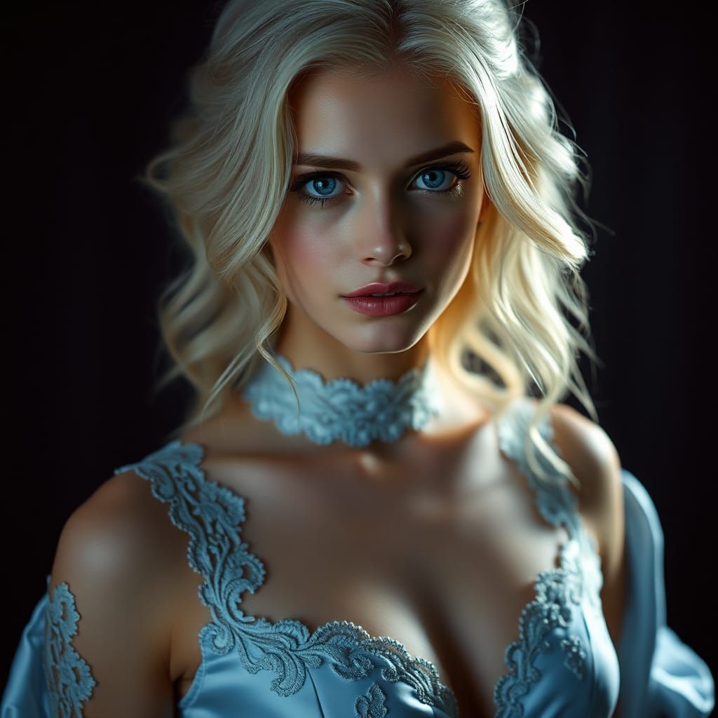 Elegant Woman in Satin Gown: Cinematic Film Style