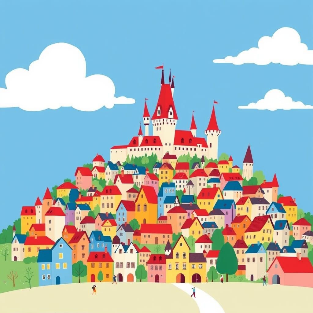 Charming Hilltop Village with Colorful Buildings and Delight...