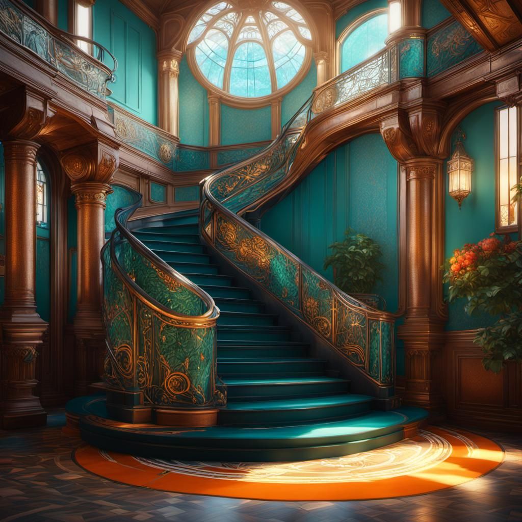 Art Nouveau Reception House with Wrought Iron Staircase