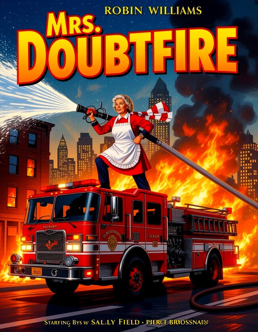 Mrs. Doubtfire as Firefighter Hero Movie Poster Art