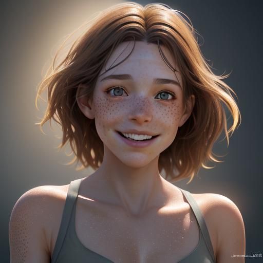 Freckled Girl's Mysterious Smile in Dynamic Lighting