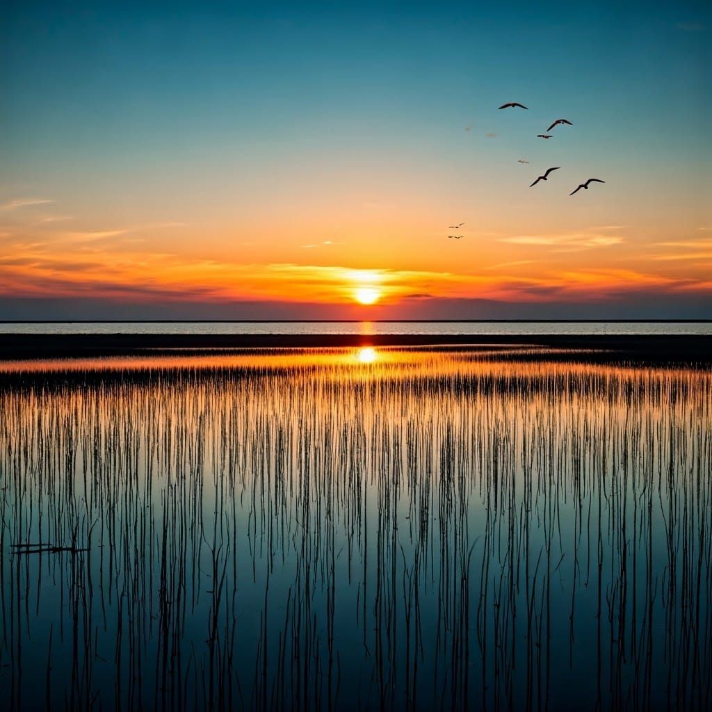 Sunset Wetlands Merge into Mindscape: Double Exposure Art