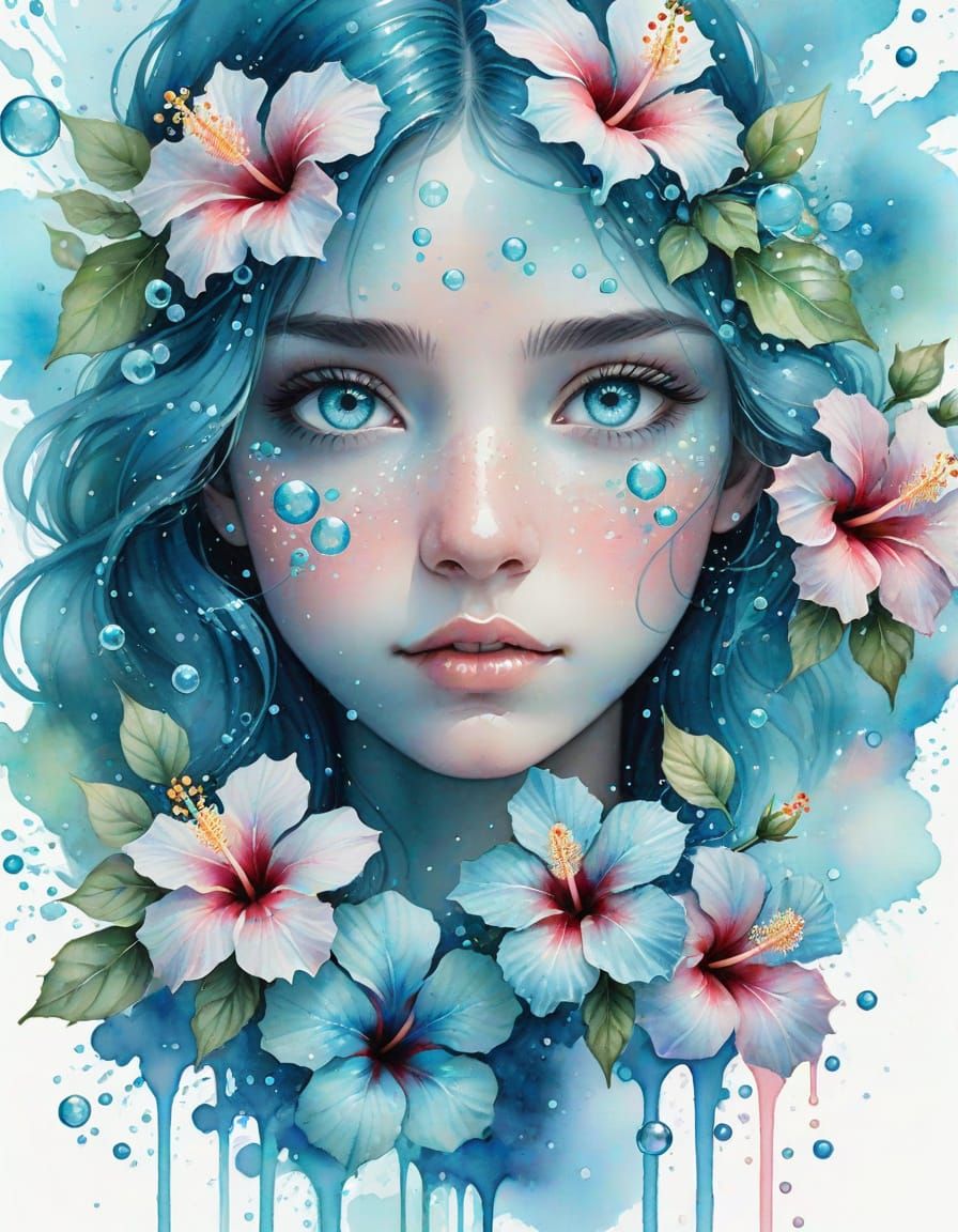 Aquamarine Eyes Surrounded by Hibiscus Flowers in Watercolor