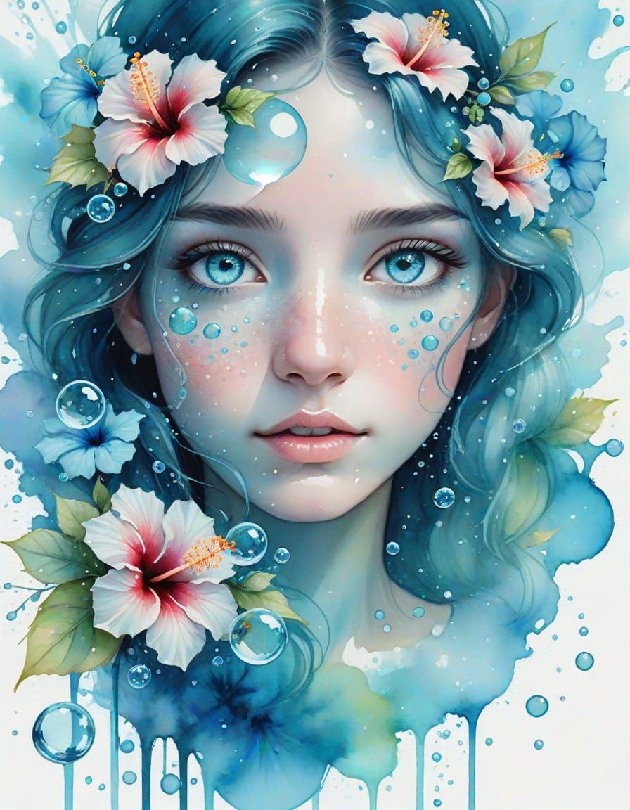 Aquamarine Eyes with Hibiscus in Watercolor Splash Art