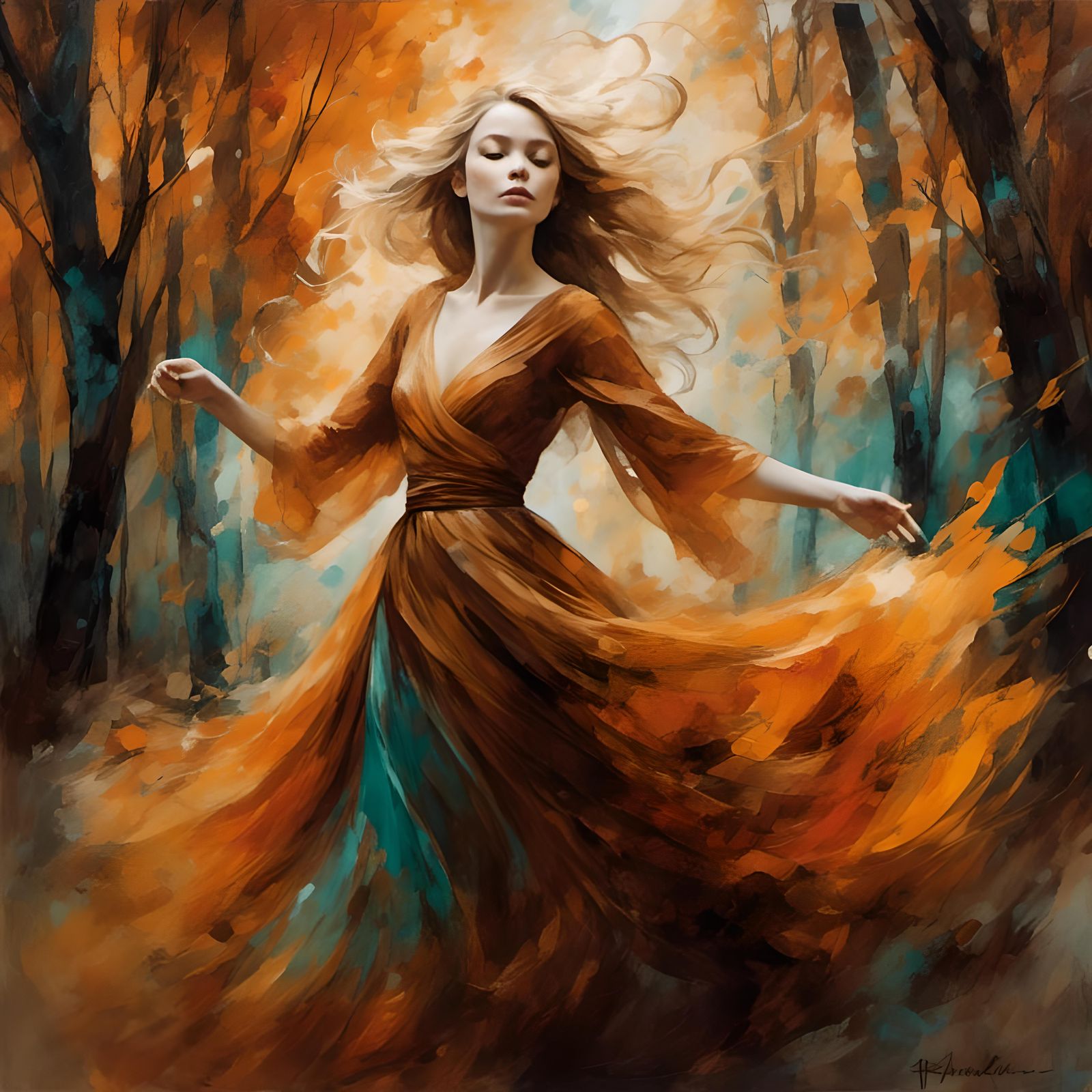 Autumn Witch Casting Spell in Sienna Gown