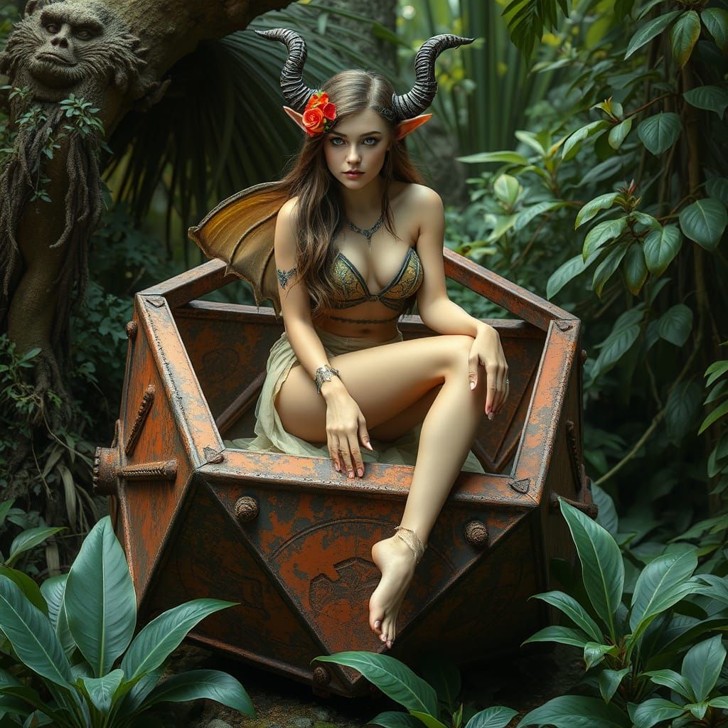 Elf Faun on Octahedron in Lush Jungle