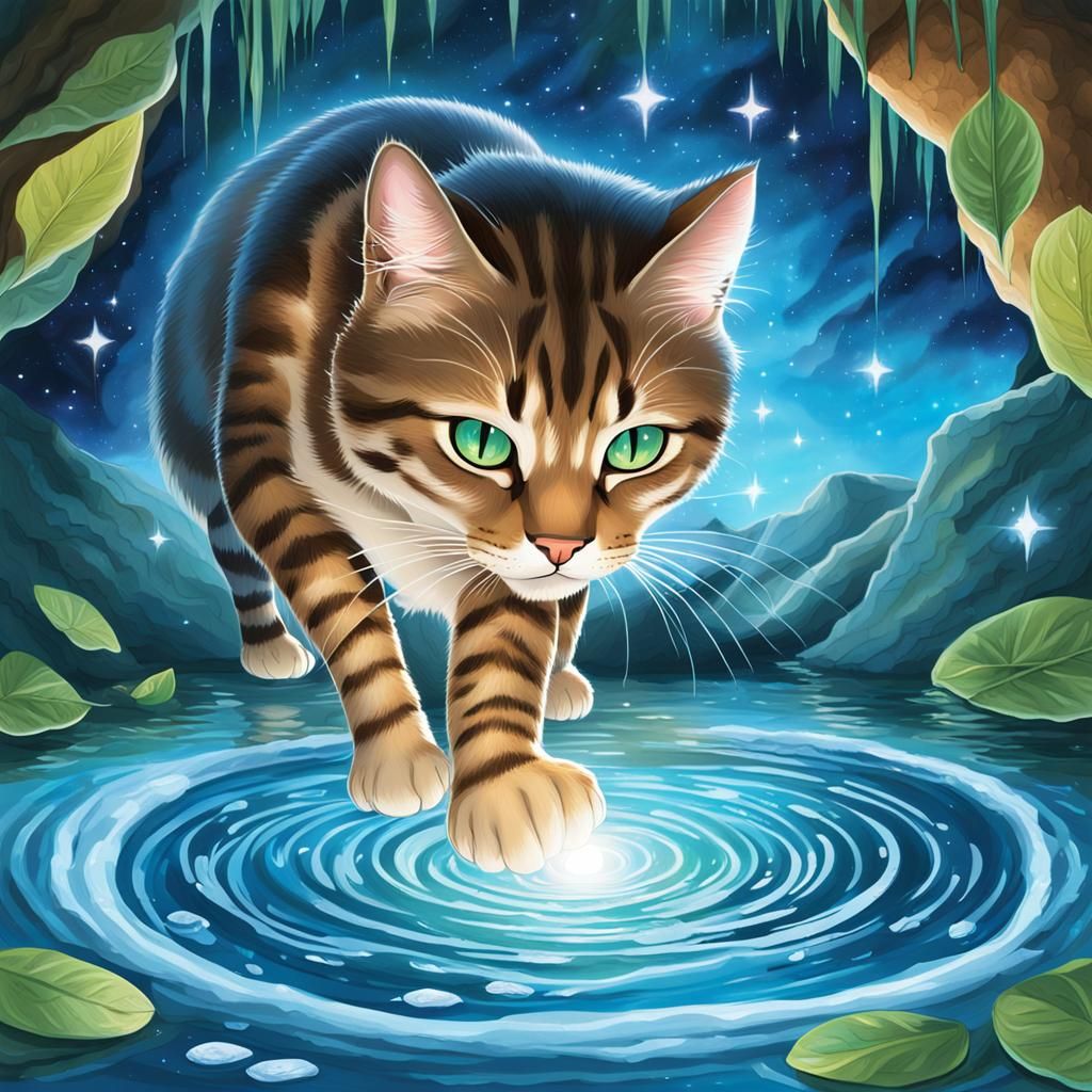 Tabby Cat at Moonlit Pond in Glowing Cave