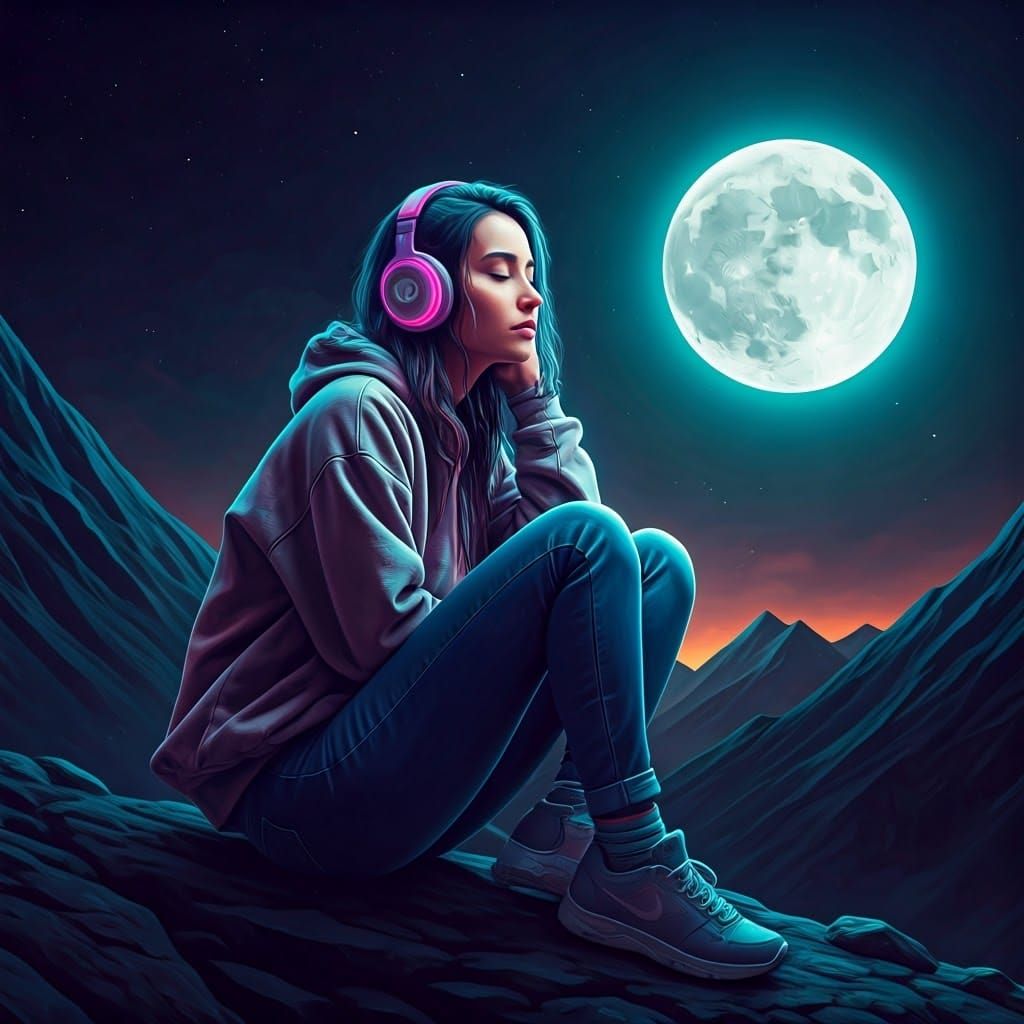 Woman Listening to Music on Mountain Top in Matte Painting S...