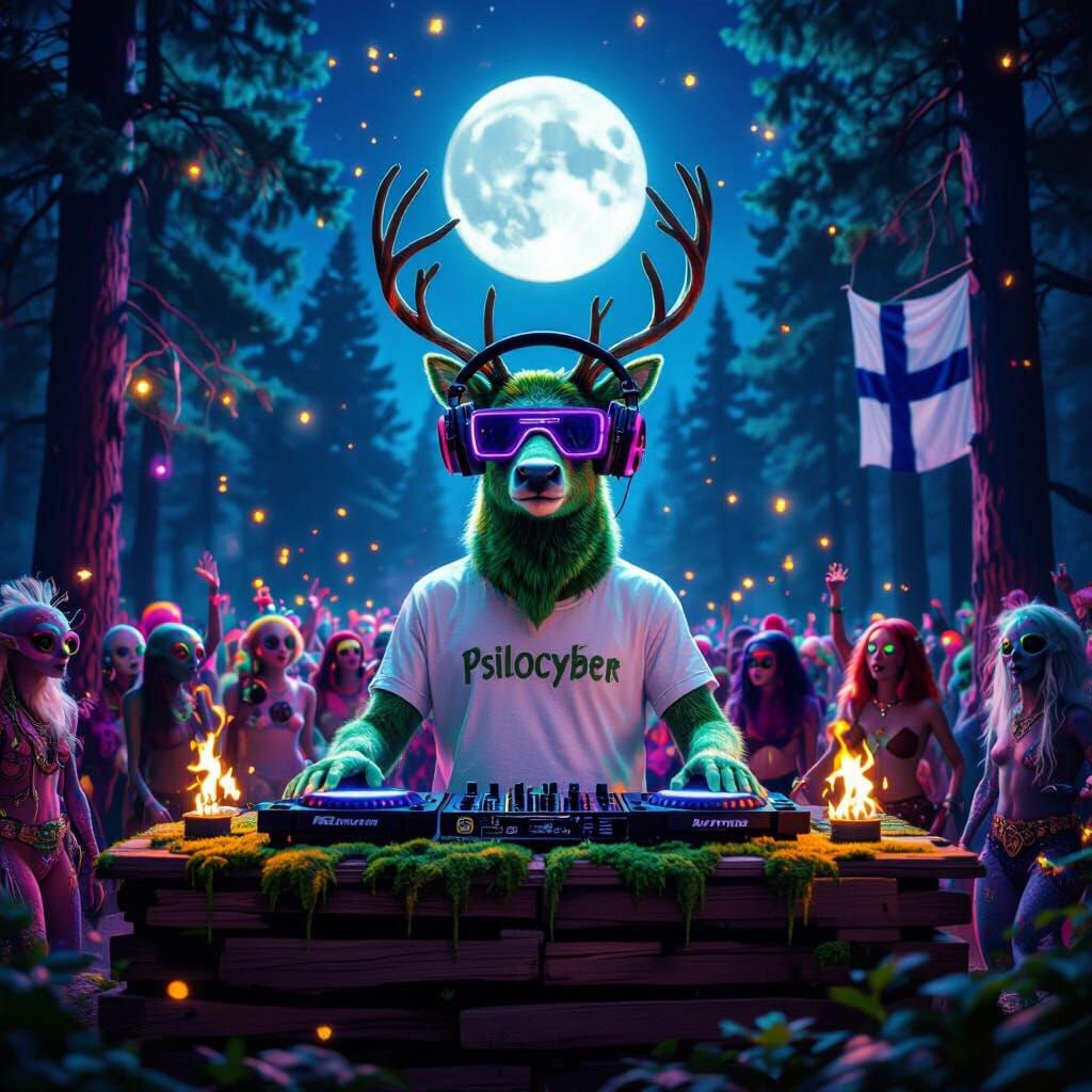 Psychedelic Finnish Forest Night Scene with DJ Reindeer