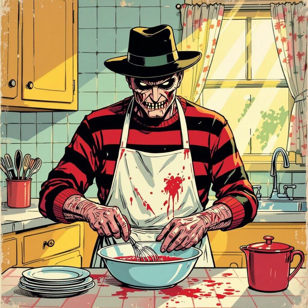 Freddy Krueger Washing Dishes in 1950s Comic Style