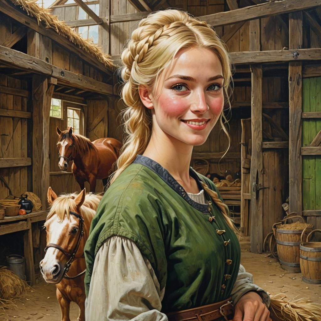 Smiling Farm Girl in Barn, Oil Painting Style