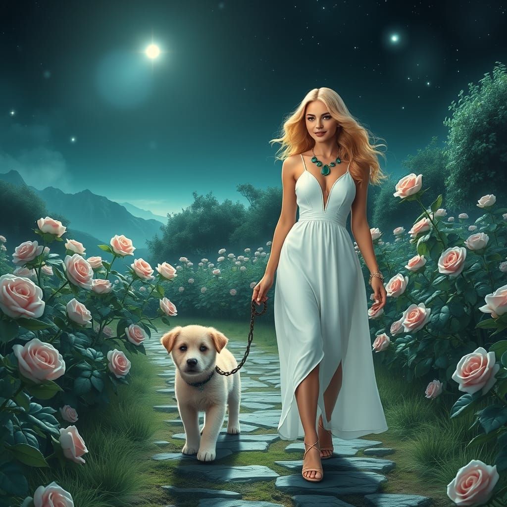 Futuristic Rose Garden Goddess in Moonlit Elegance