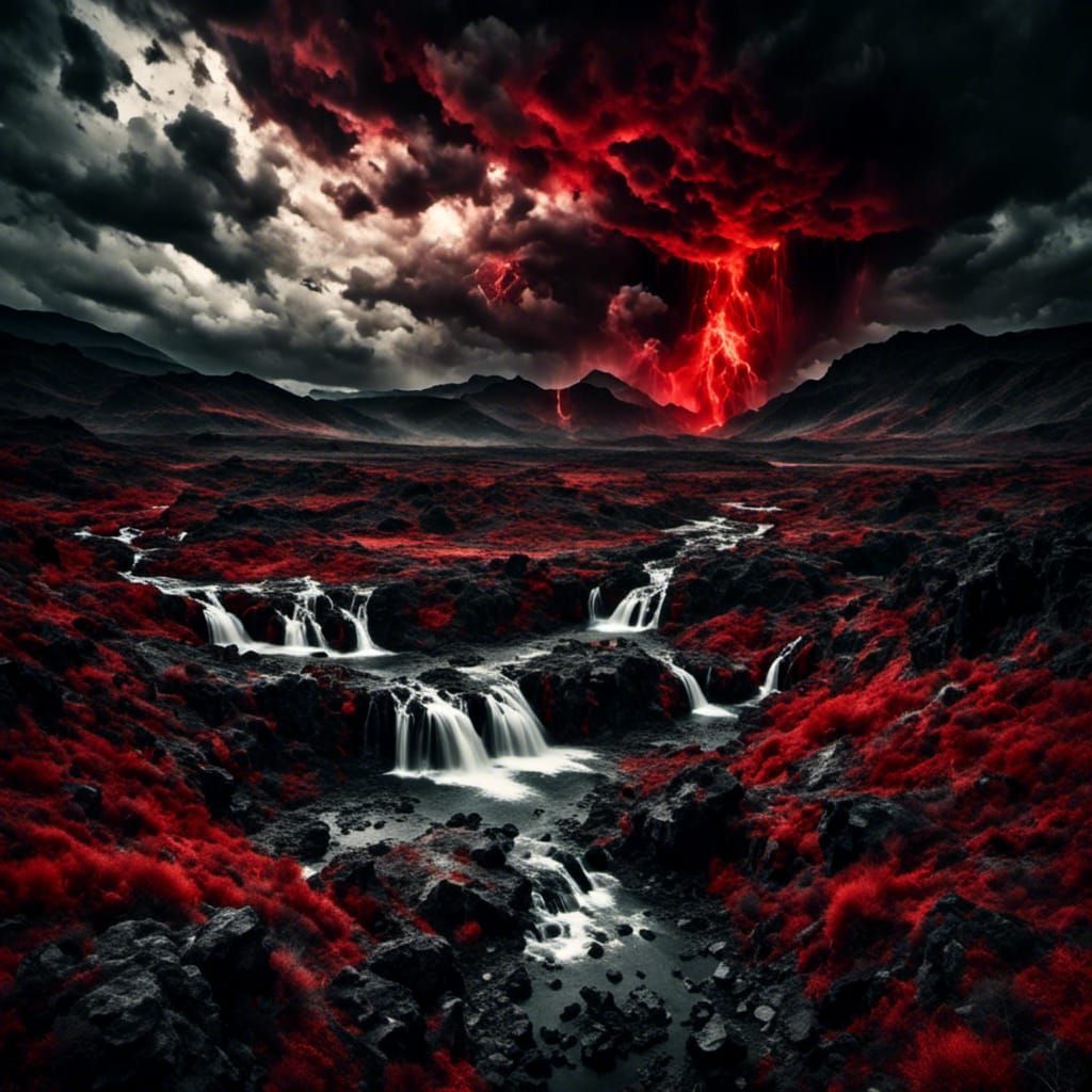 Cosmic Red Landscape with Waterfall in HDR