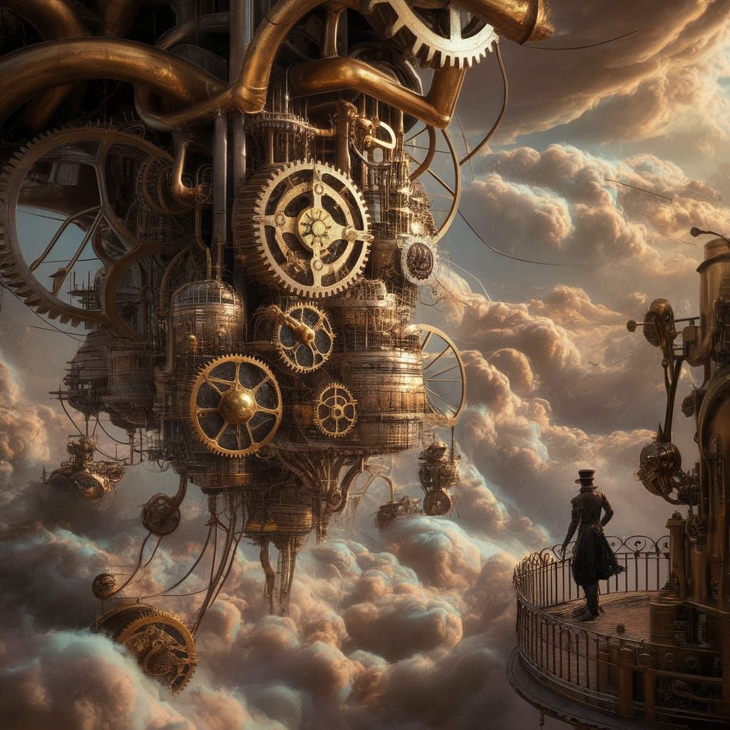 Steampunk Floating City Above Iridescent Clouds