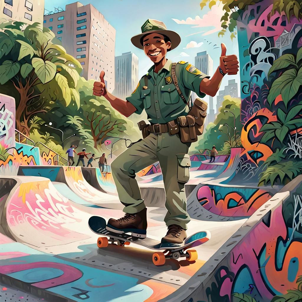 Park Ranger in Vibrant Skate Park Concept Art