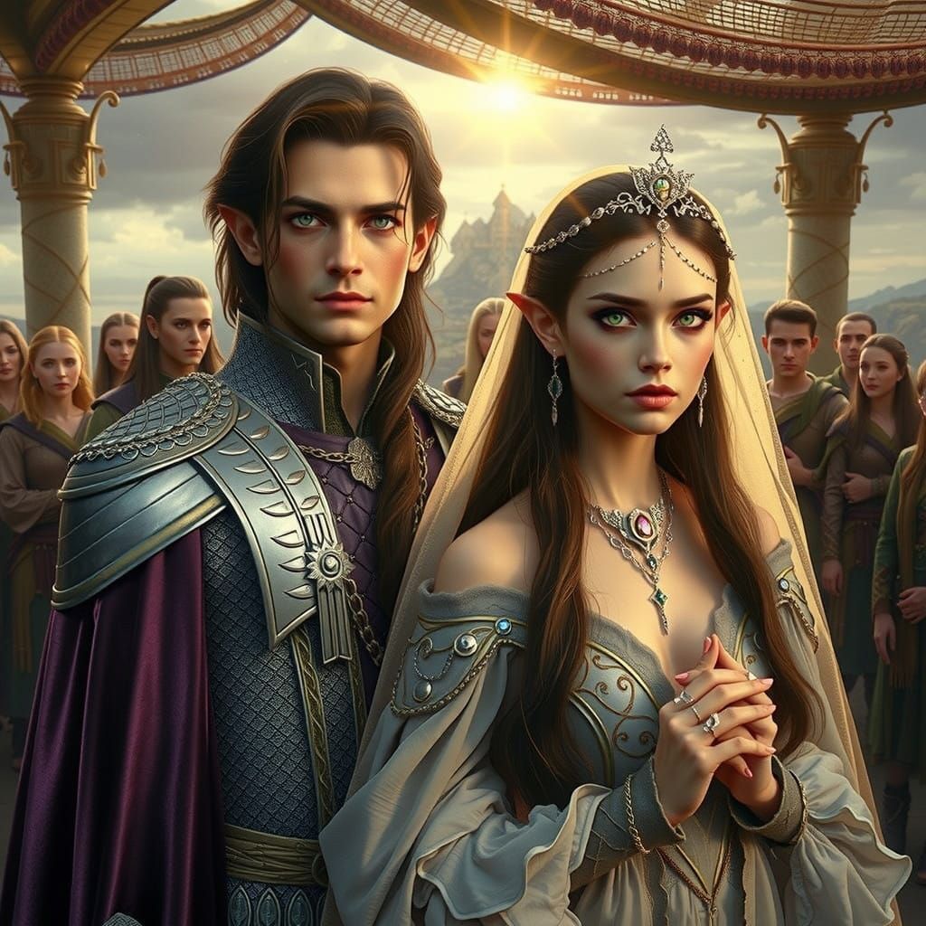 Regal Sea-Elf Prince and High-Elf Princess Share Tender Mome...