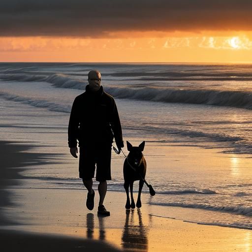 Man and Dog Enjoy Sunset Beach Walk