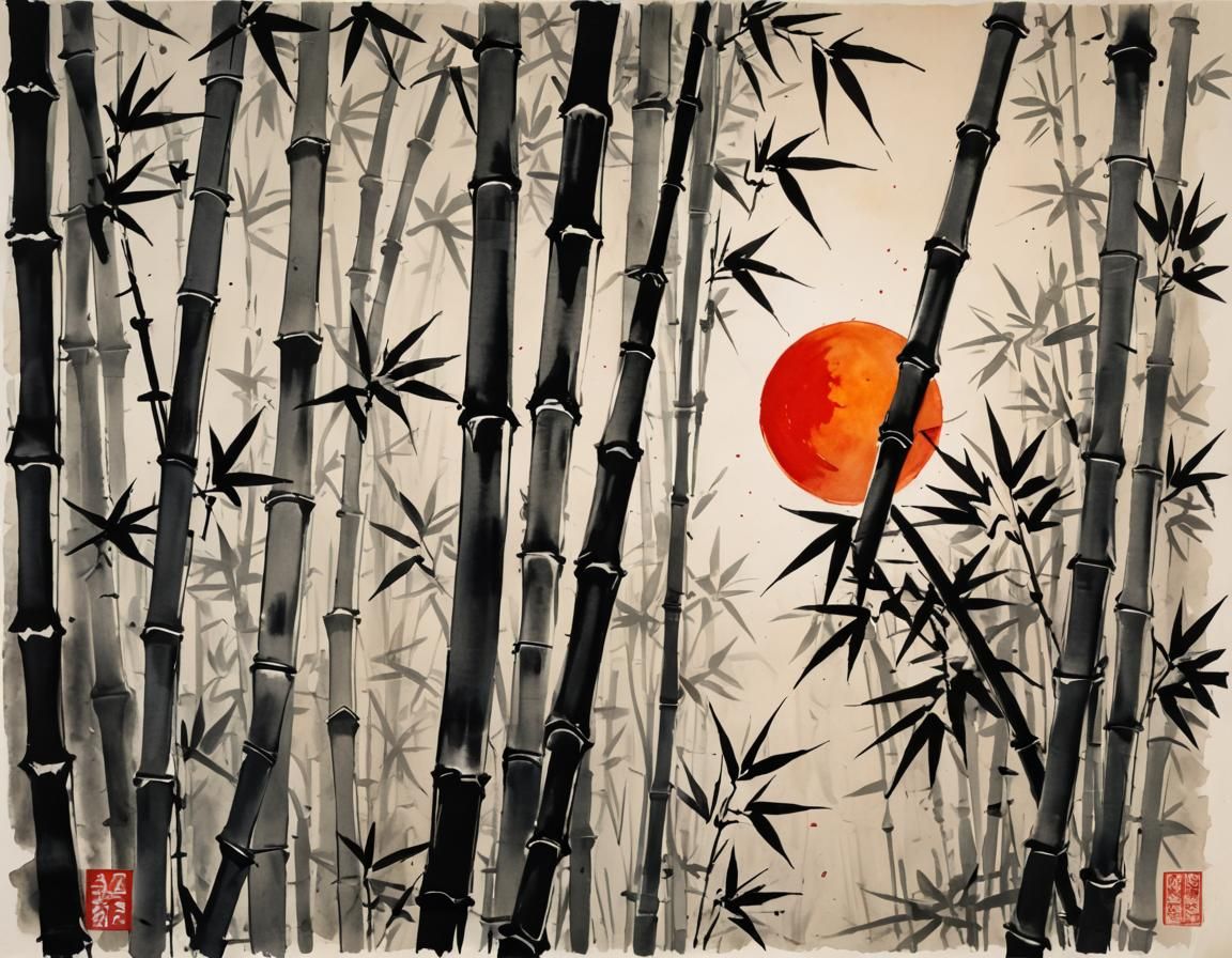 Bamboo and Sun: Oriental Ink Wash Impasto Painting
