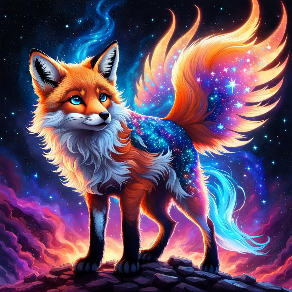 Ethereal Winged Fox Shimmers Across Starry Space