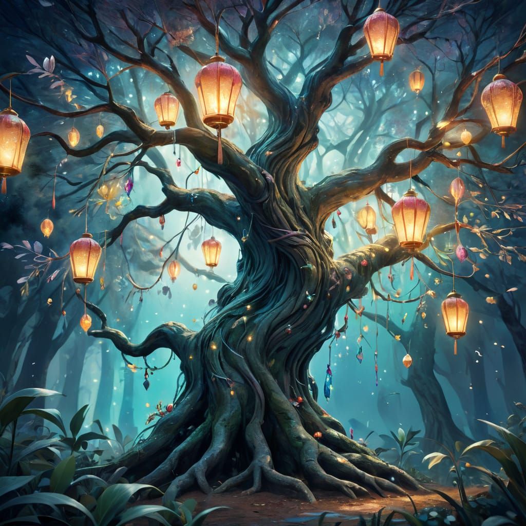 Whimsical Watercolor Tree with Lanterns and Ribbons