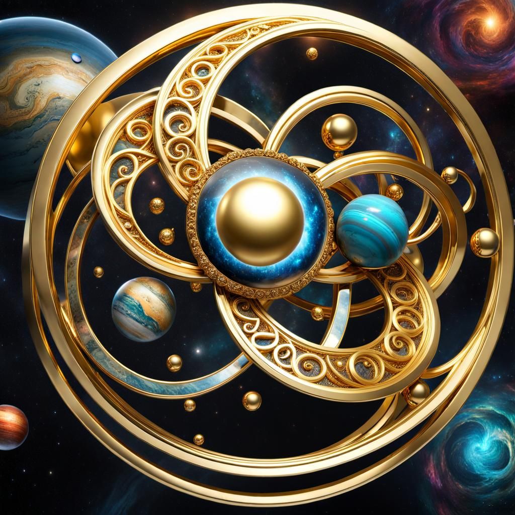 Golden Infinity Ring with Detailed Planets