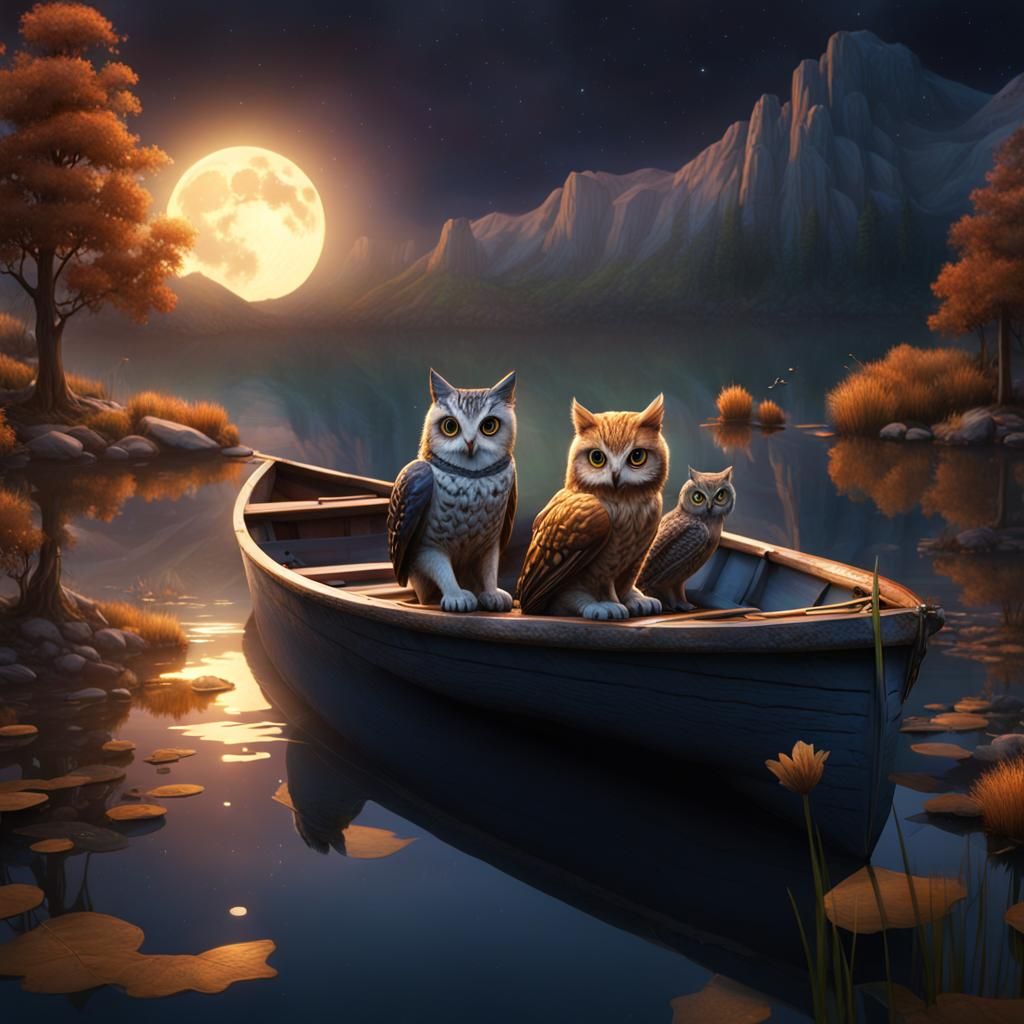 Owl and Kitten on Lake in Rowboat
