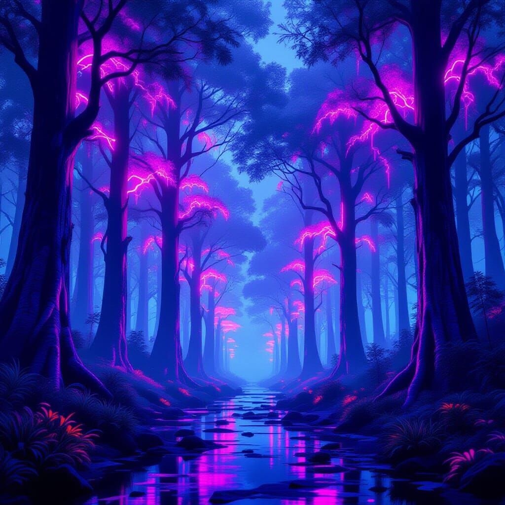 Cyborg Forest in Neon Synthwave Hues