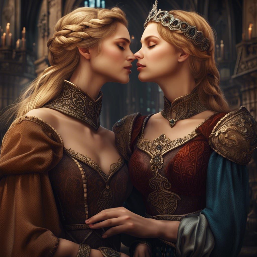 Medieval Fantasy Princesses Kissing: Detailed Matte Painting
