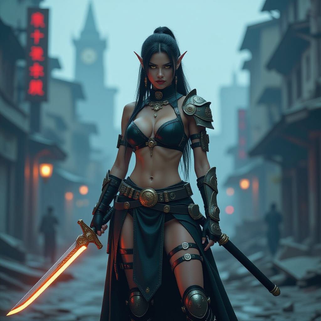 Steampunk Elf Warrior Princess with Glowing Katana