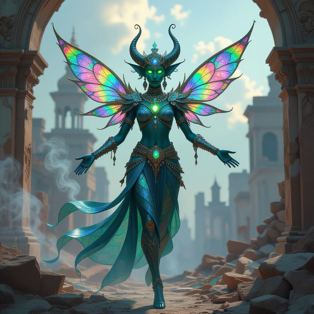 Jeweled Djinn in Ruined City, Surreal Psychedelic Art
