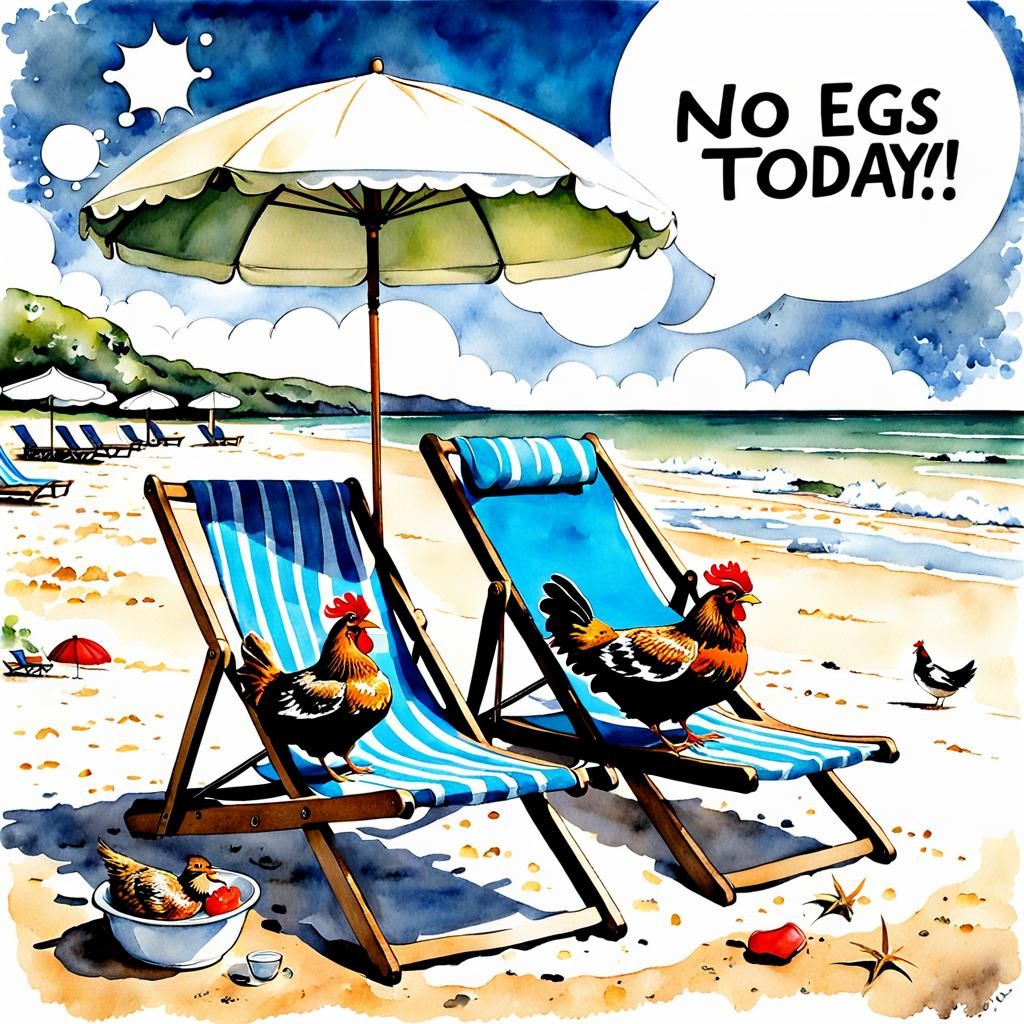 Hens' Beach Holiday in Watercolor Comic Style