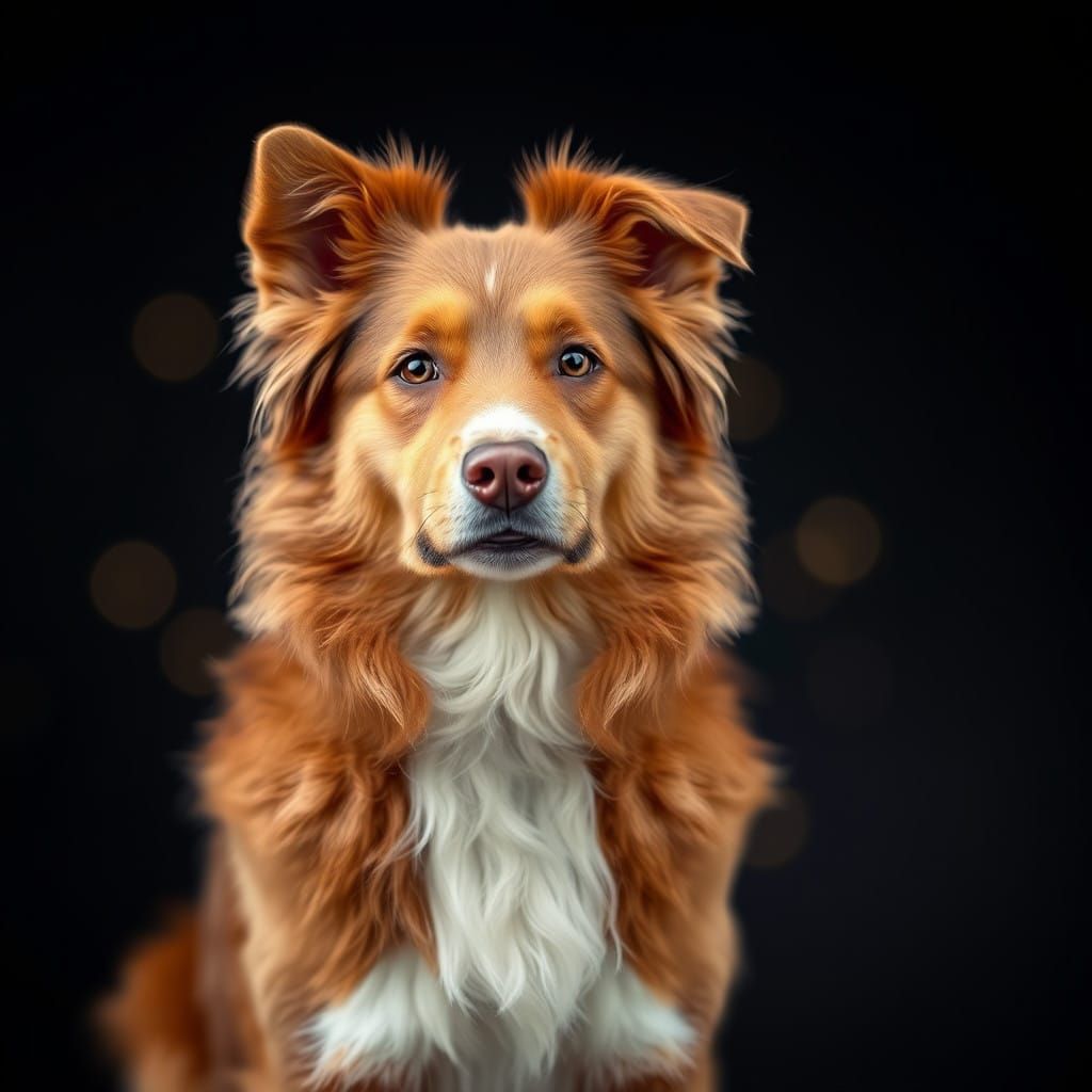 A Brown Border Collie dog sitting on a dark background, with...