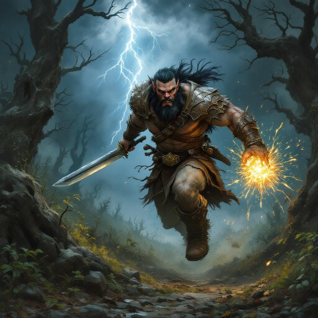 Half-Orc Warrior Running Through Stormy Forest