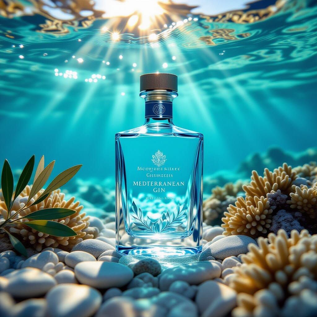 Mediterranean Gin Bottle on Ocean Floor, Editorial Style