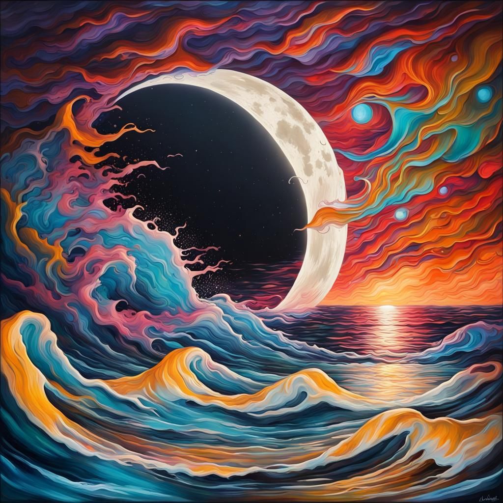 Colorful Moonlit Ocean in Graffiti Art Style