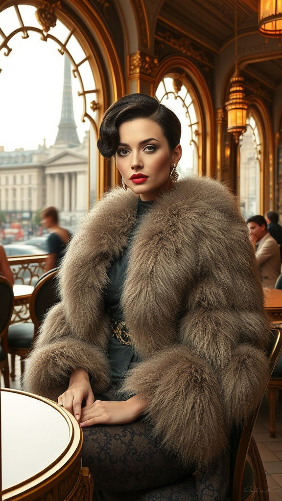 Elegant Woman in Parisian Cafe, Klimt and Degas Style