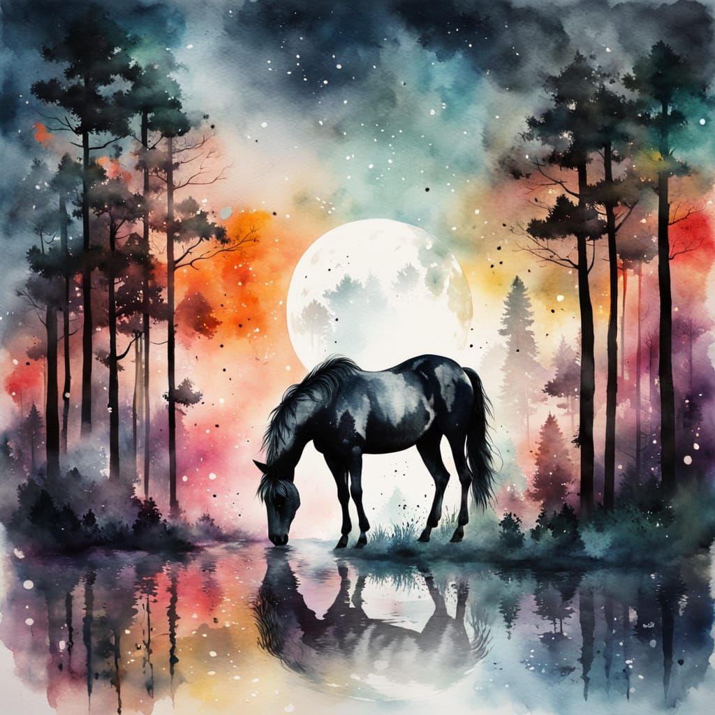 Double Exposure Watercolor: Stallion in Moonlit Forest