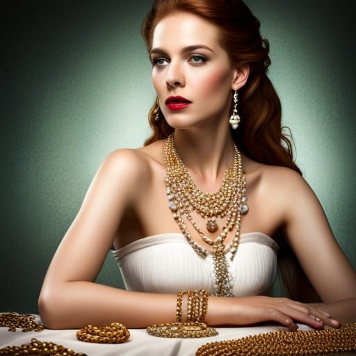 Elegant Lady at Jeweled Desk, Hyperrealistic Image