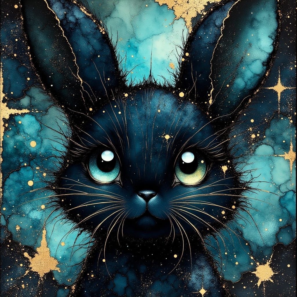 Mystical Black-Turquoise Rabbit in Dreamlike Splendor