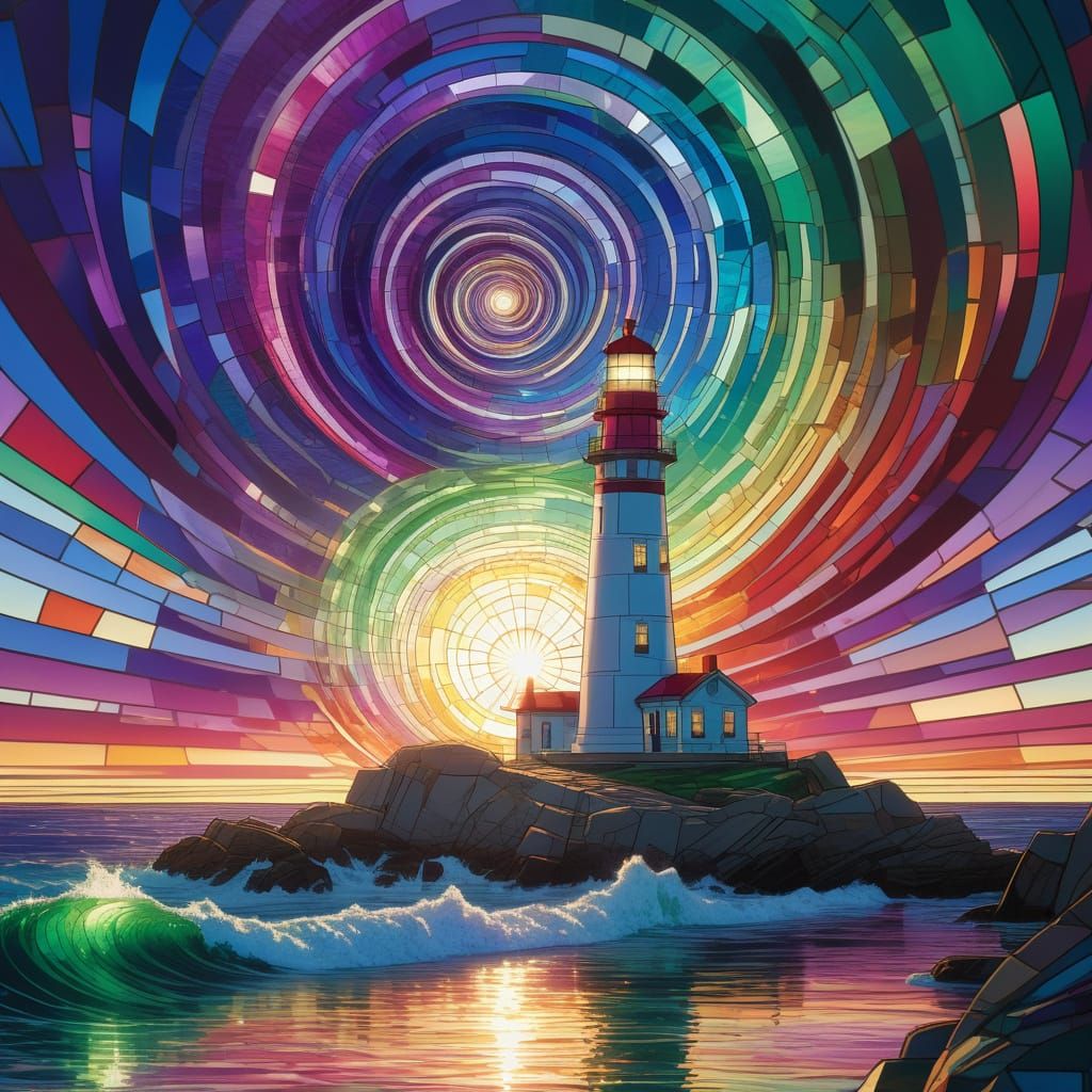 Jewel-Toned Glass Lighthouse with Colorful Light Beam