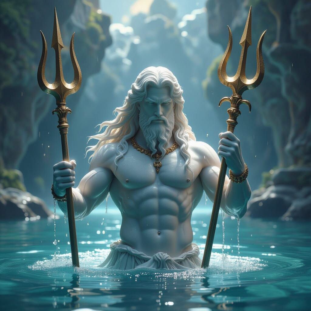 Marble God of Water with Trident in Cinematic Matte Painting