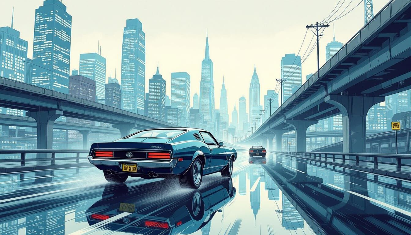 City Road in Mist: Comic Book Art Style