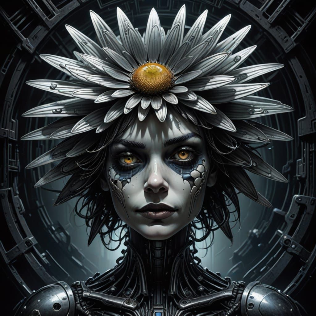 Dreamlike Portrait of a Daisy in Futuristic H.R. Giger Style