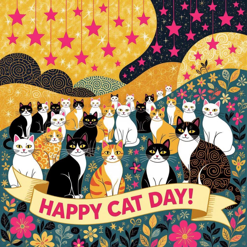 Whimsical Cats in a Dreamlike Landscape with Falling Stars