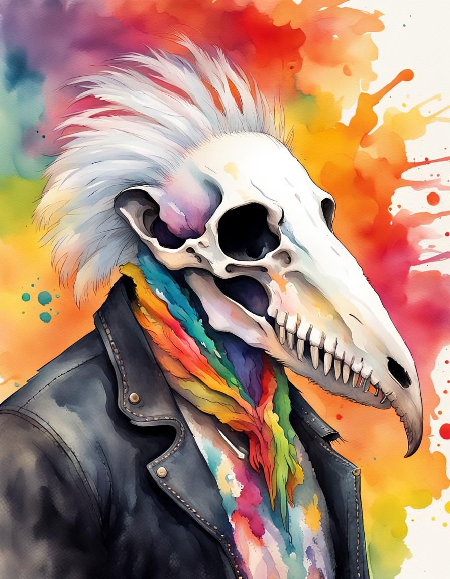Anthropomorphic Anteater Skull with Mohawk in Watercolor Sty...