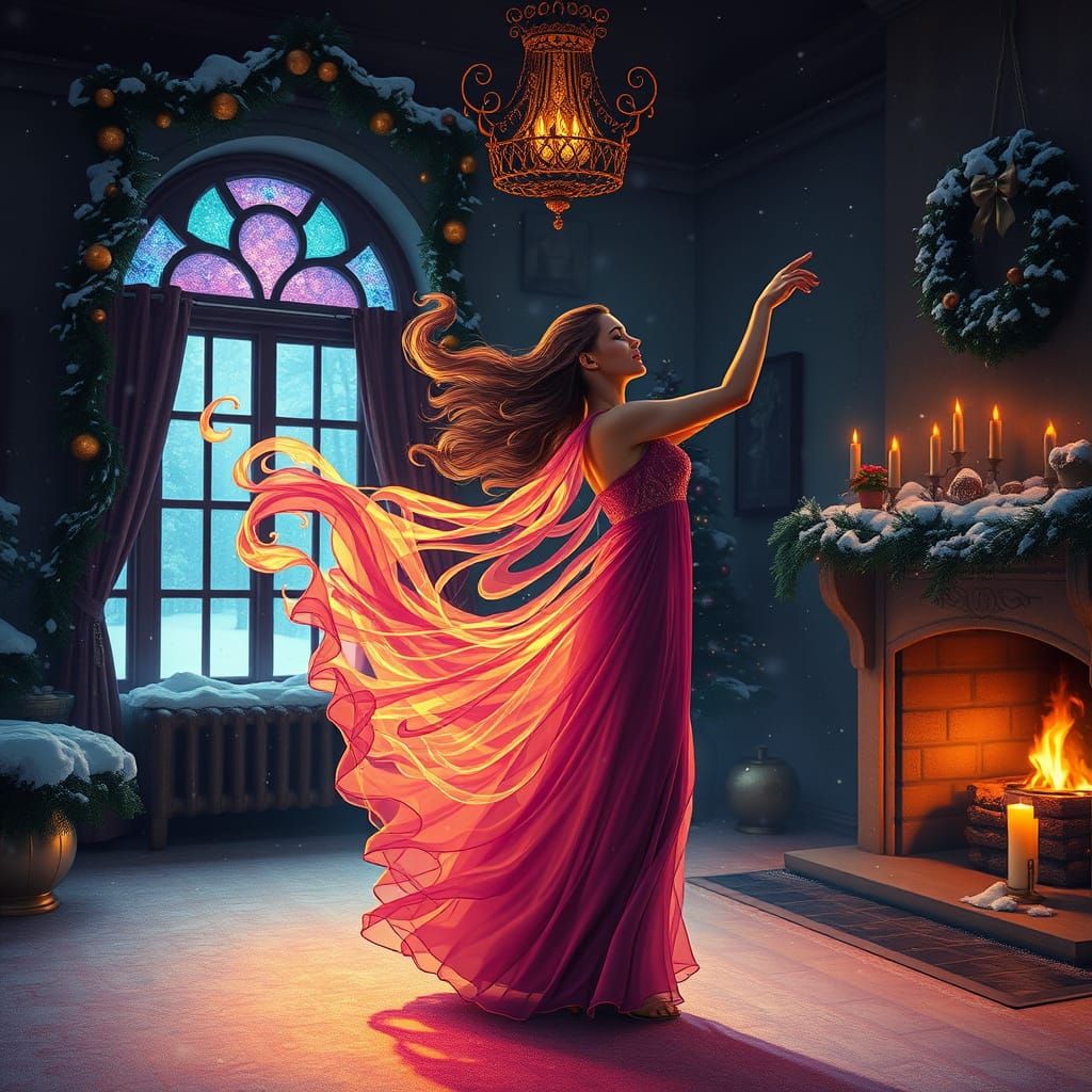 Woman Dancing with Cosmic Fire in Festive Home