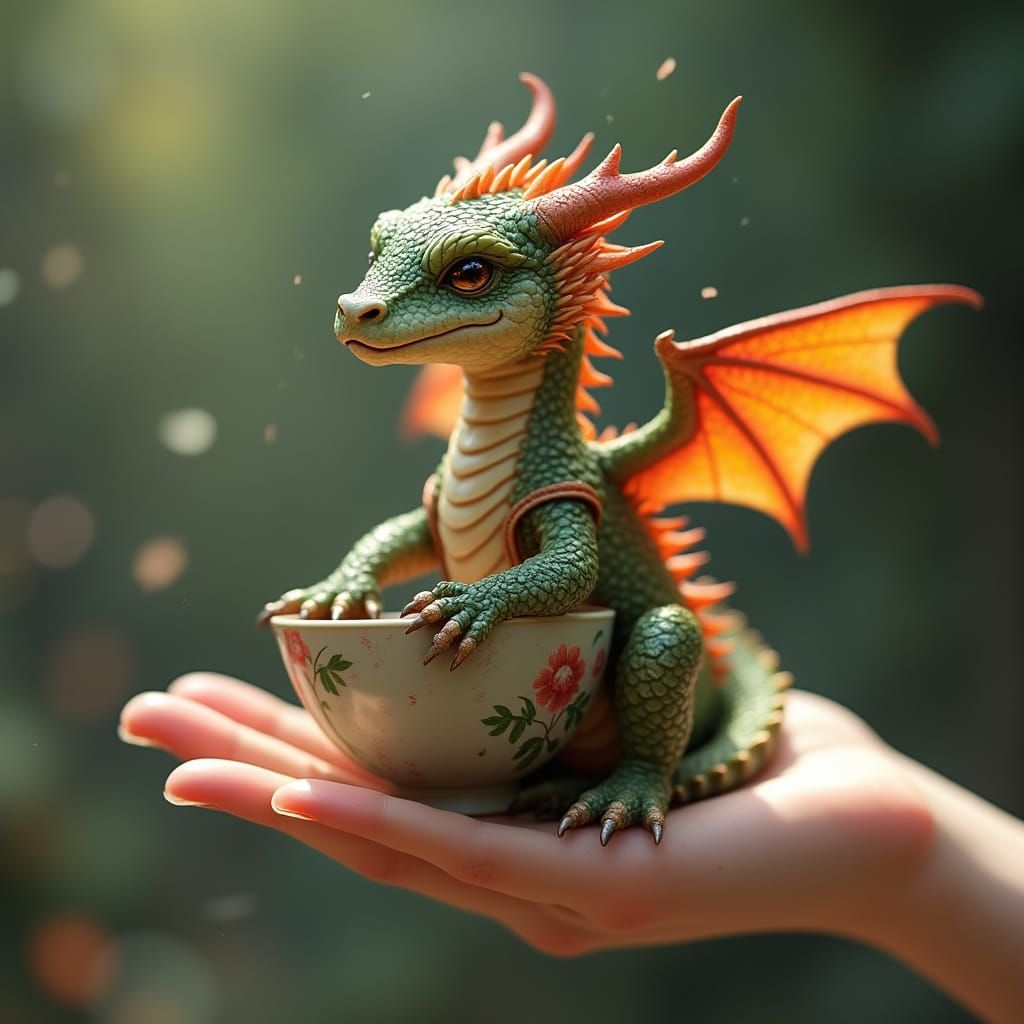 Miniature Dragon Perched on Hand in 3D Anime Style