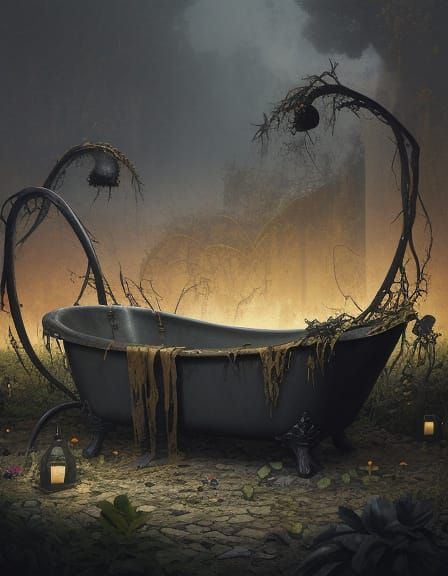 Surreal Black Flowers in Abandoned Garden Bathtub
