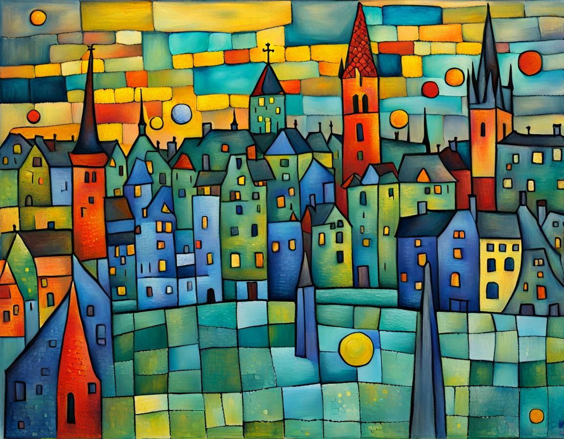 Moody Sunset Over Prague in Art Brut Style