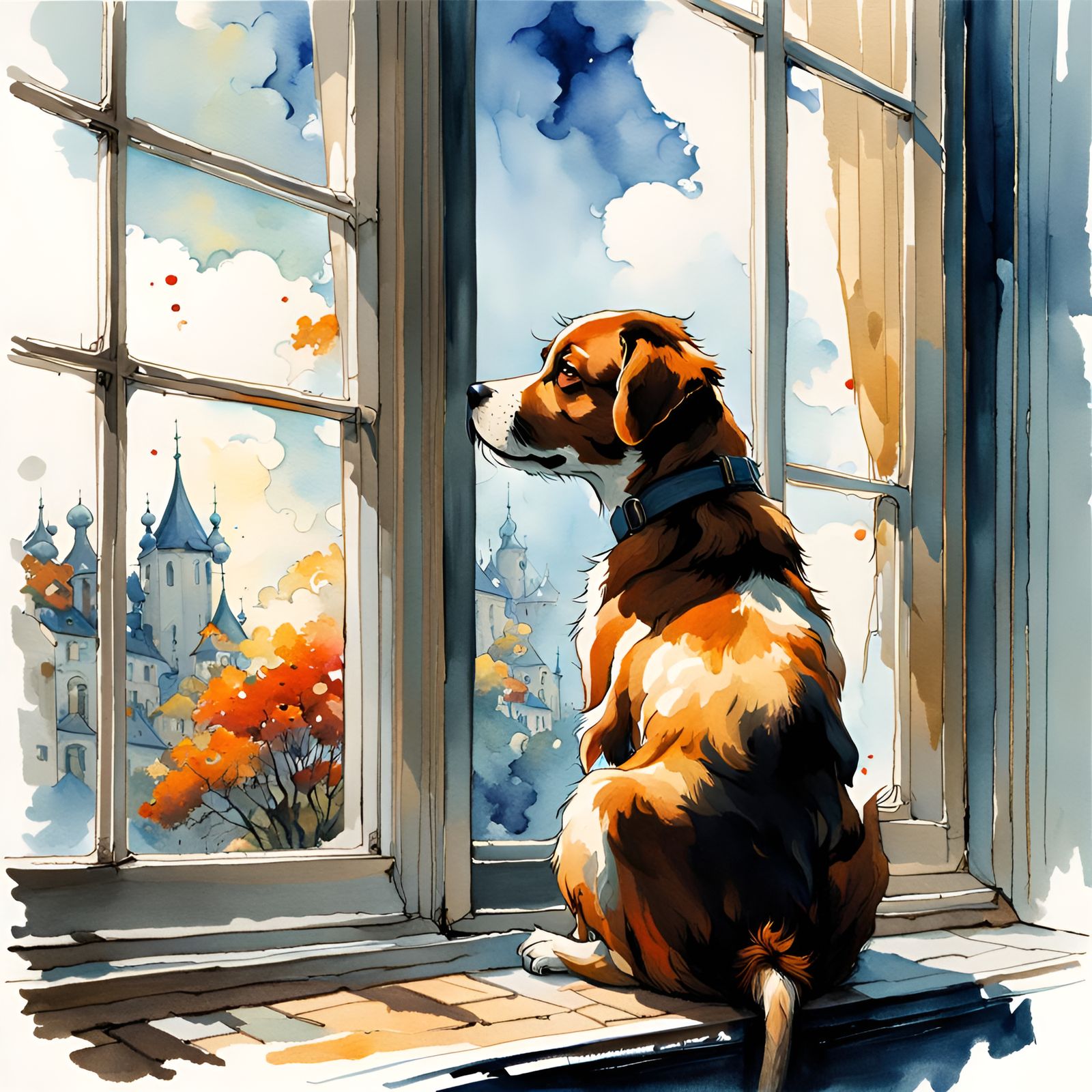 Puppy Gazing Out Window Watercolor Painting